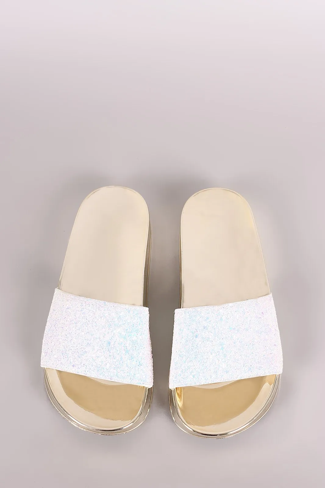 Bamboo Encrusted Iridescent Glitter Open Toe Slide Sandal