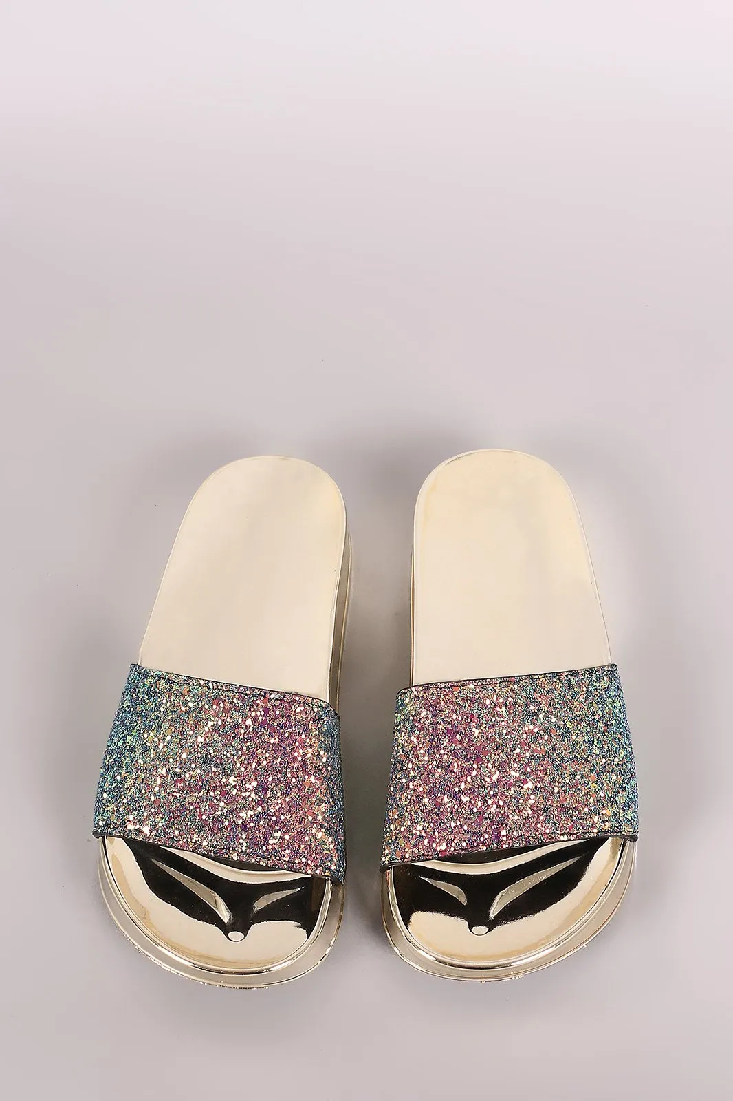Bamboo Encrusted Iridescent Glitter Open Toe Slide Sandal
