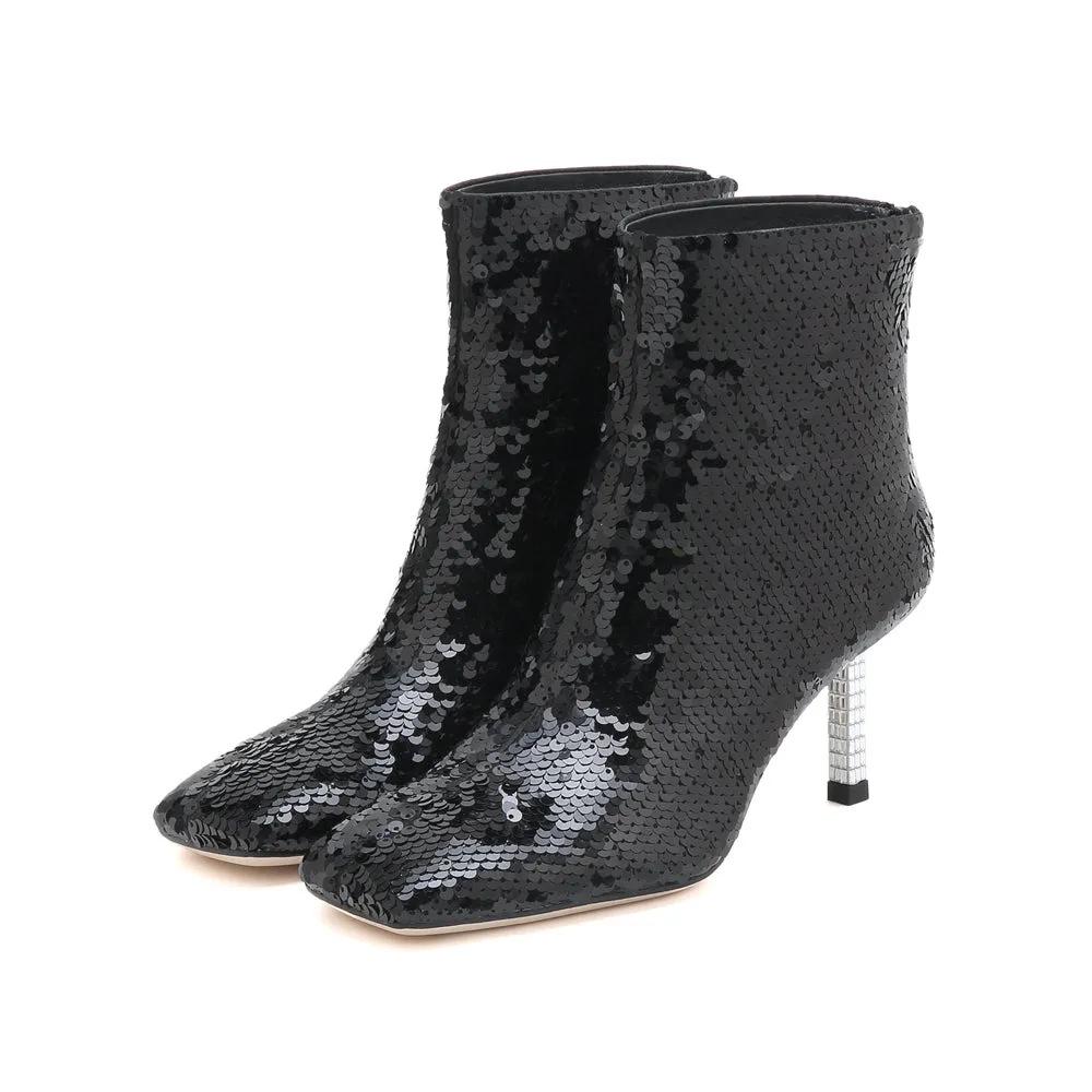 Black Sequins Crystal Heeled Ankle Boots