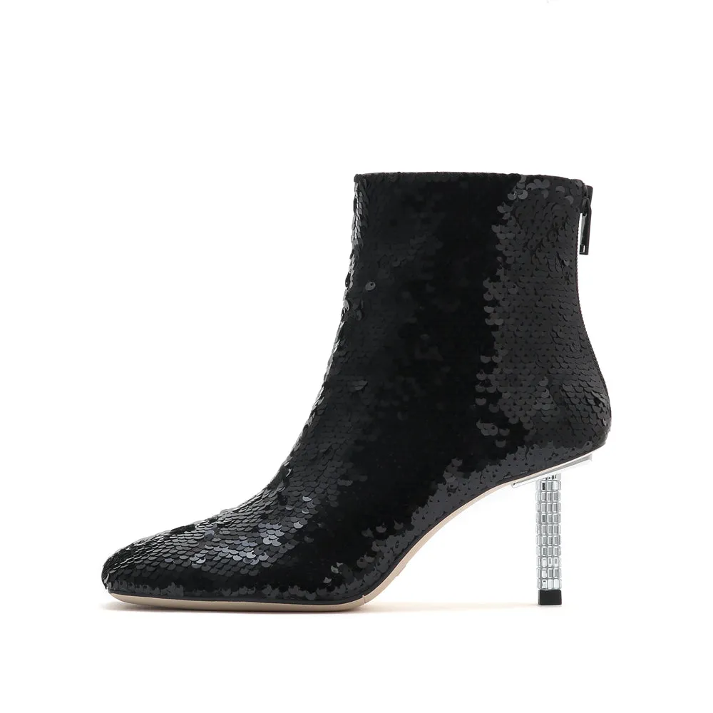 Black Sequins Crystal Heeled Ankle Boots