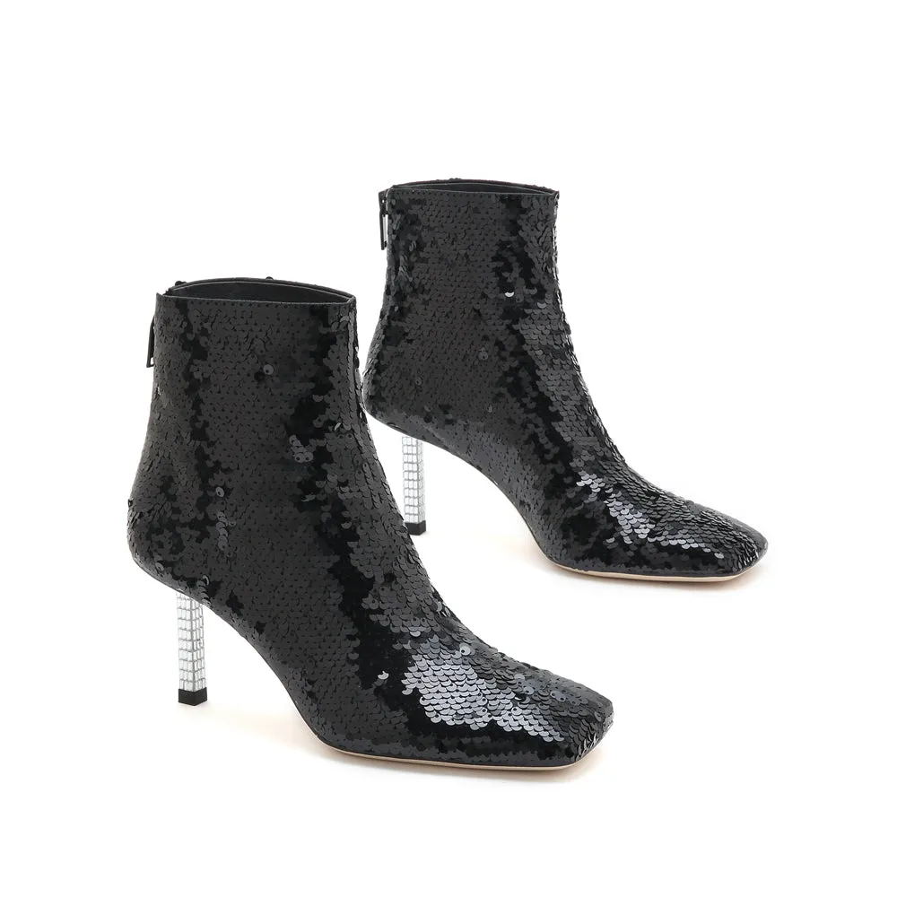 Black Sequins Crystal Heeled Ankle Boots
