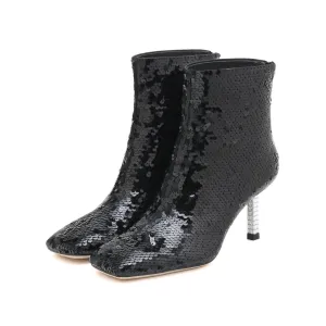 Black Sequins Crystal Heeled Ankle Boots