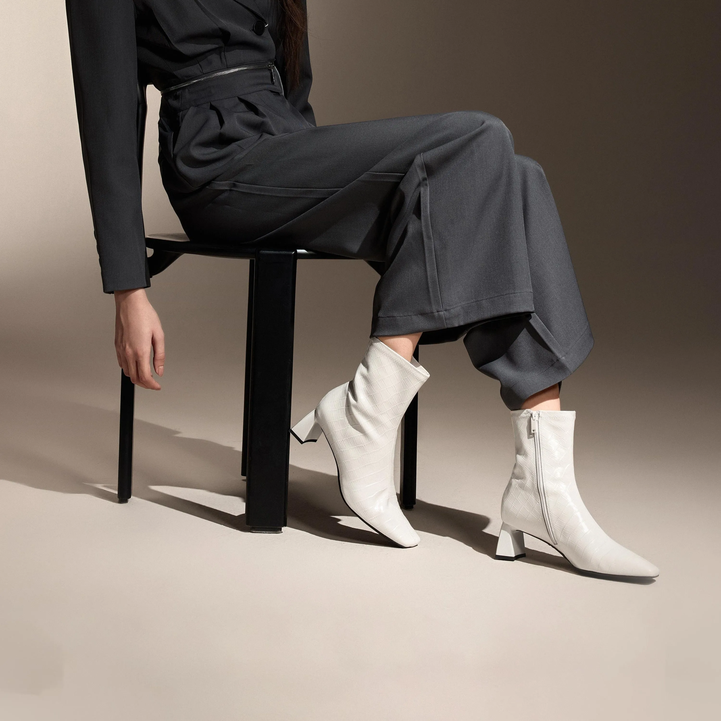 Black Square Toe Embossed Heeled Boots