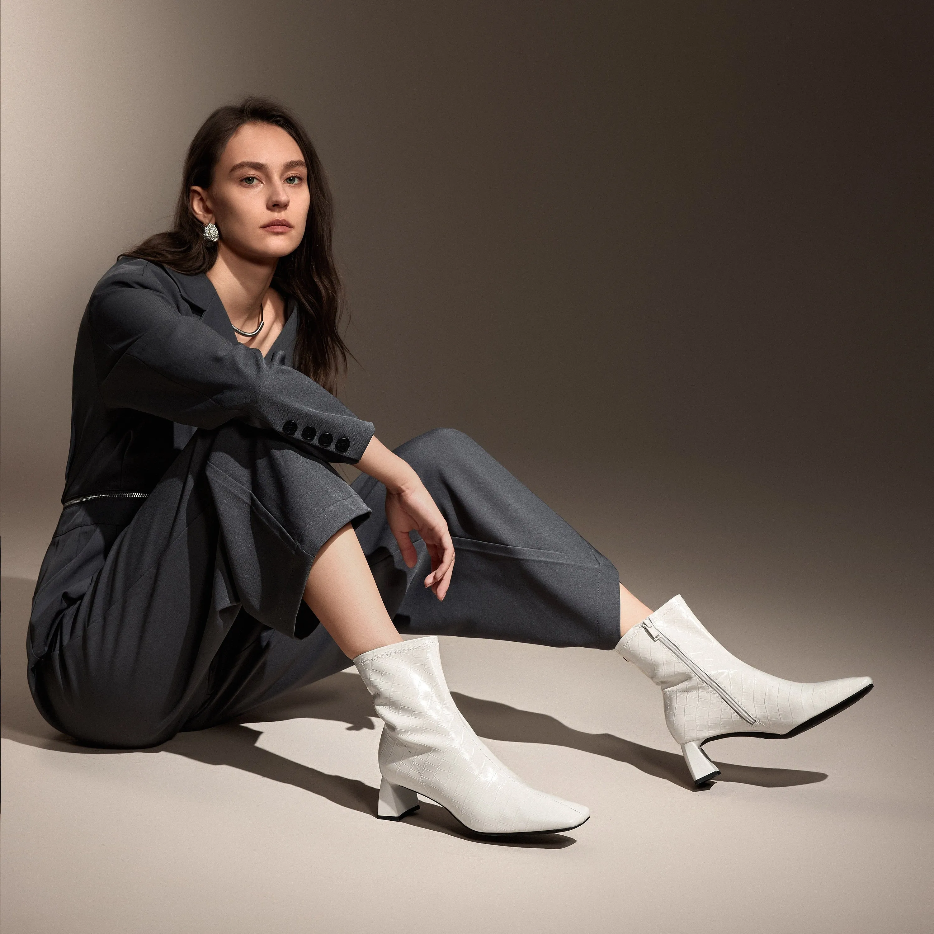 Black Square Toe Embossed Heeled Boots