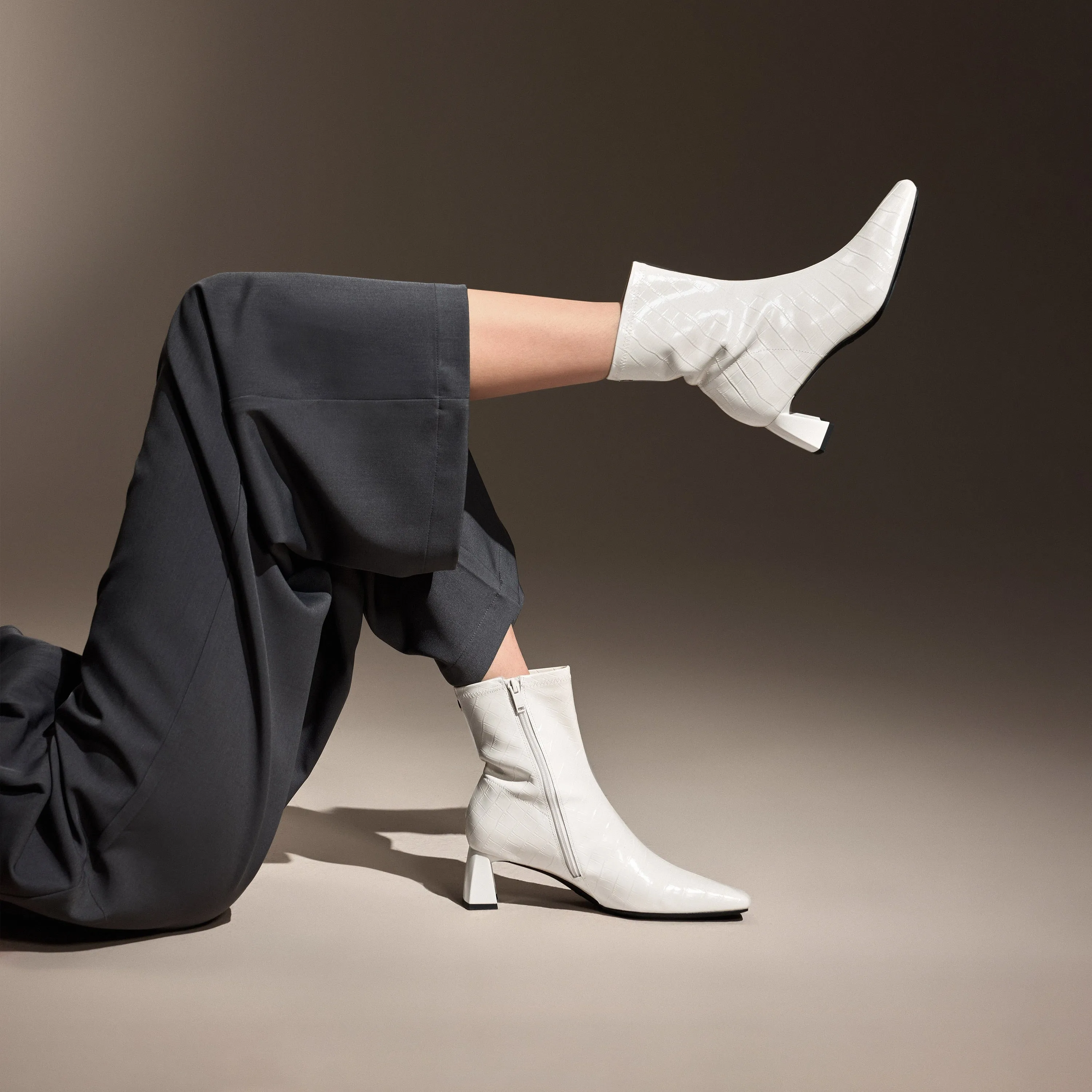 Black Square Toe Embossed Heeled Boots