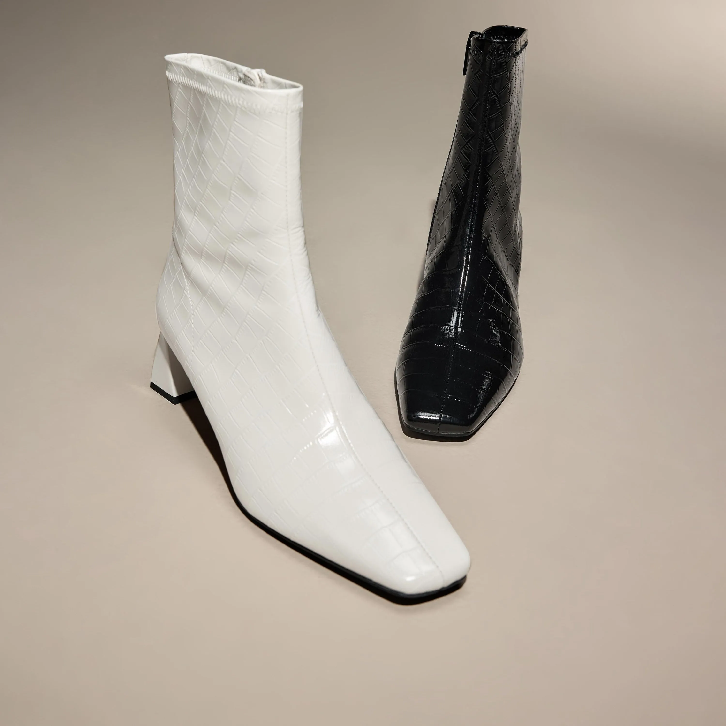 Black Square Toe Embossed Heeled Boots
