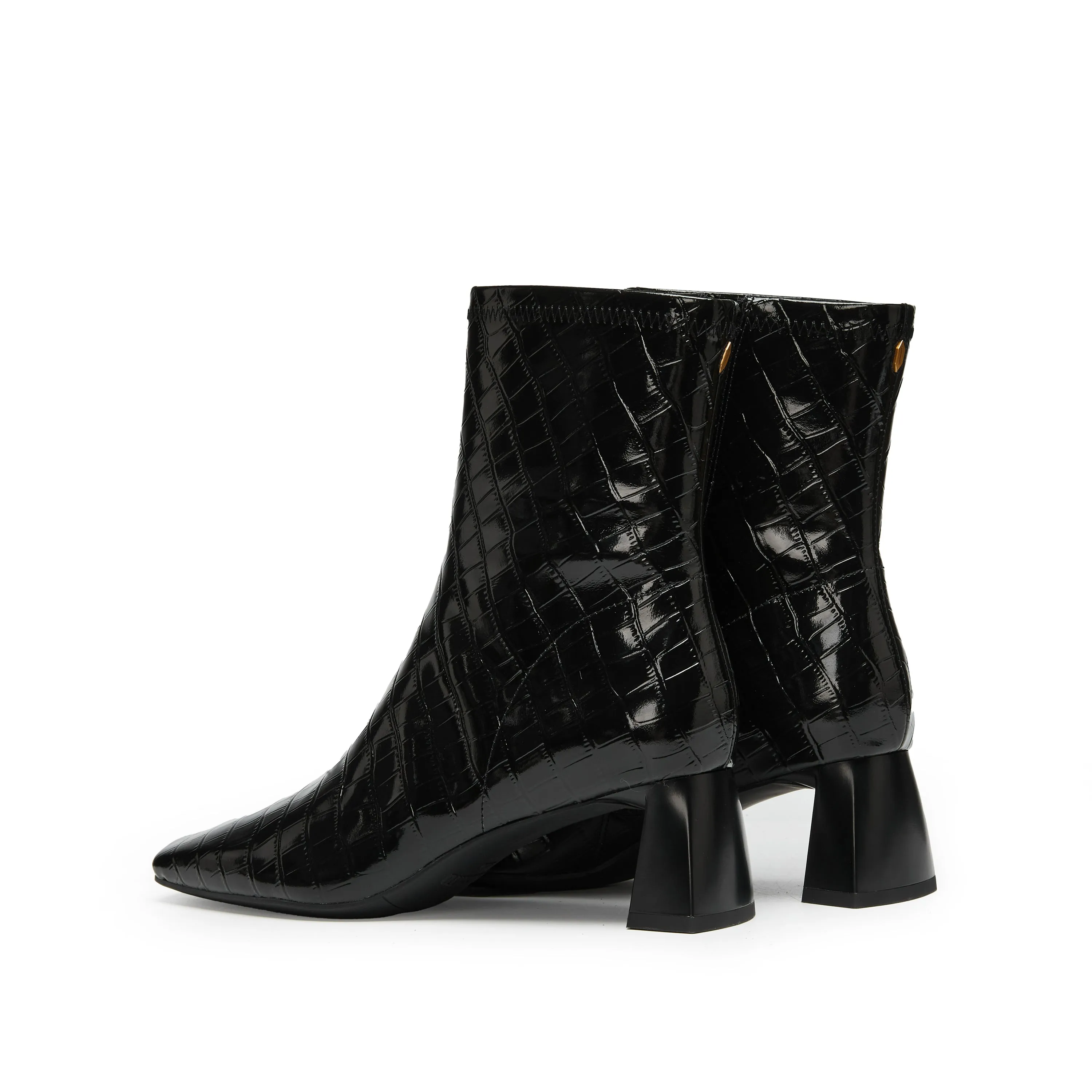 Black Square Toe Embossed Heeled Boots