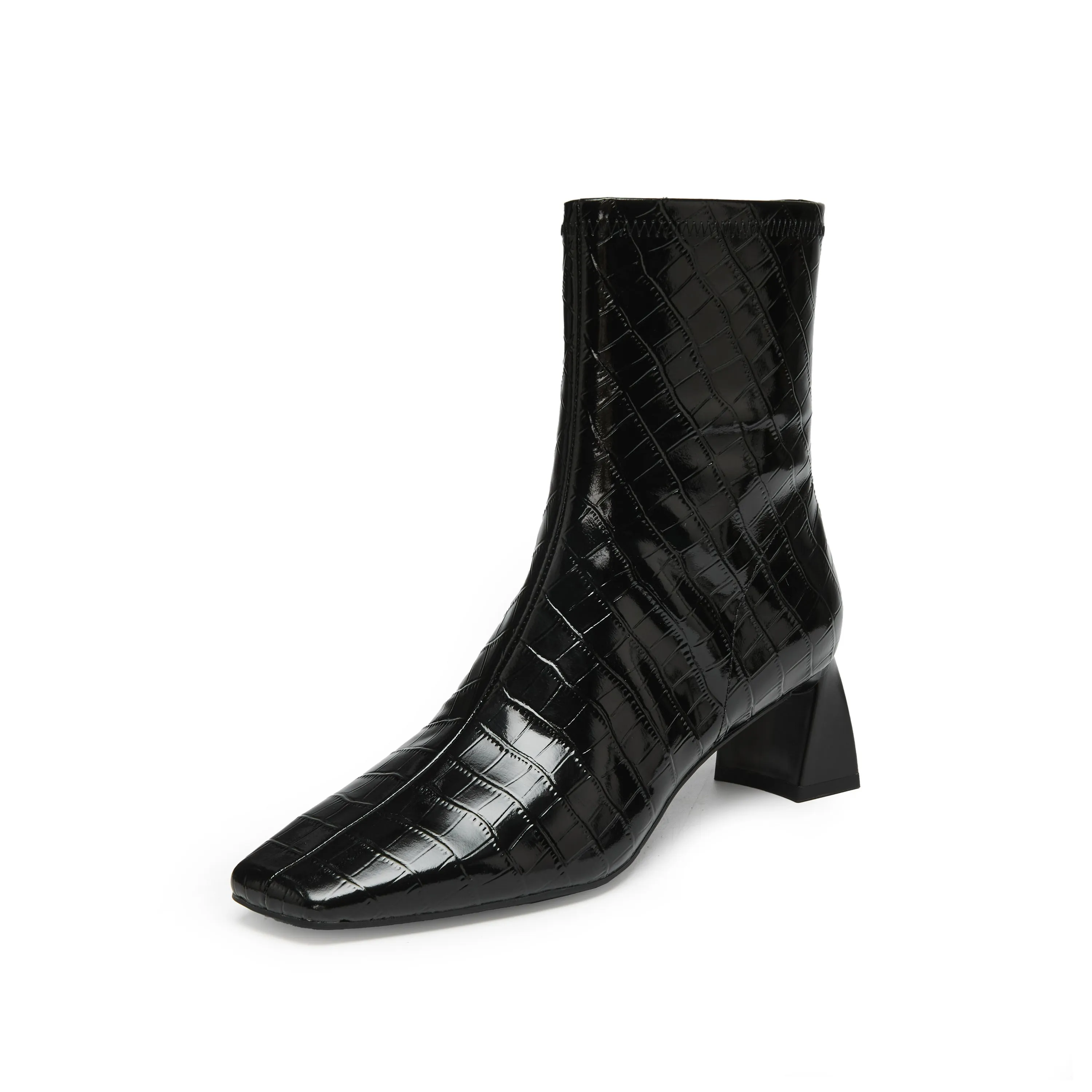 Black Square Toe Embossed Heeled Boots
