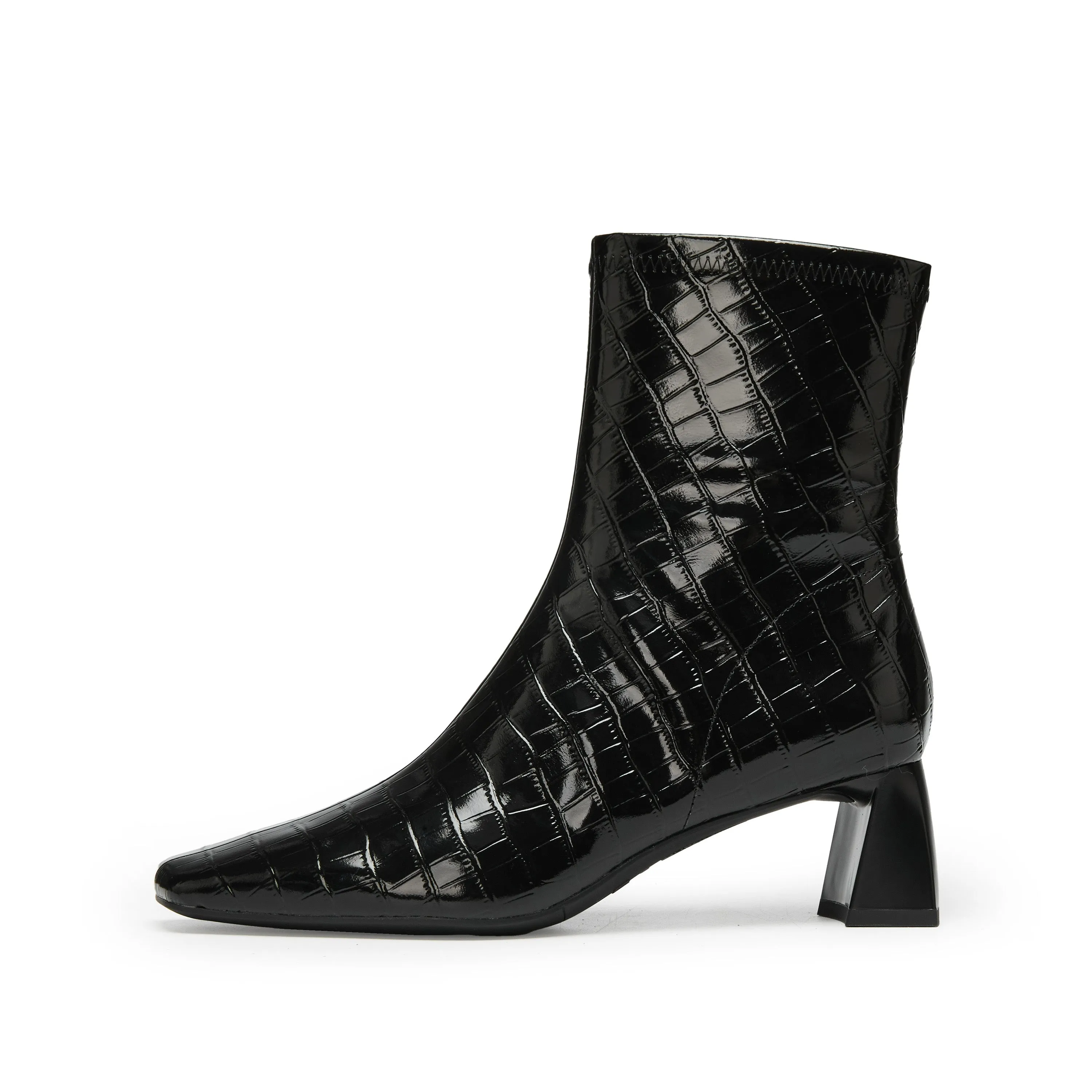 Black Square Toe Embossed Heeled Boots