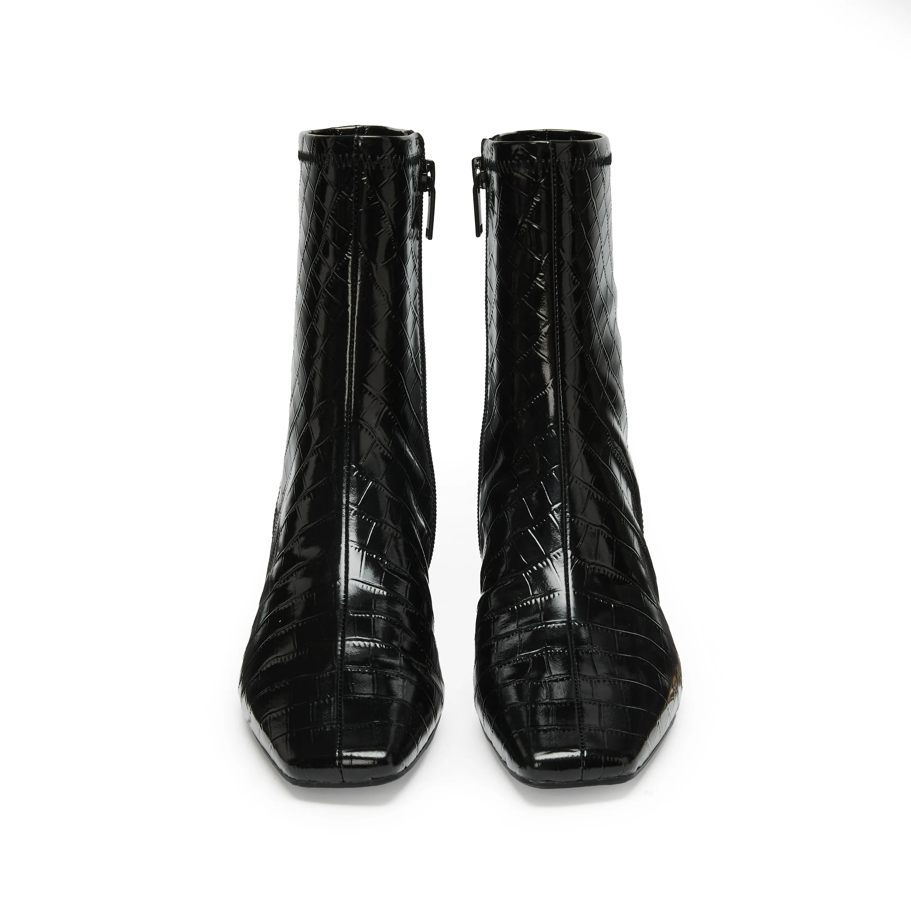 Black Square Toe Embossed Heeled Boots
