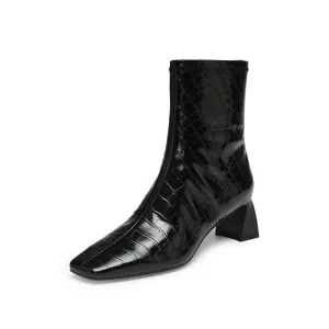 Black Square Toe Embossed Heeled Boots