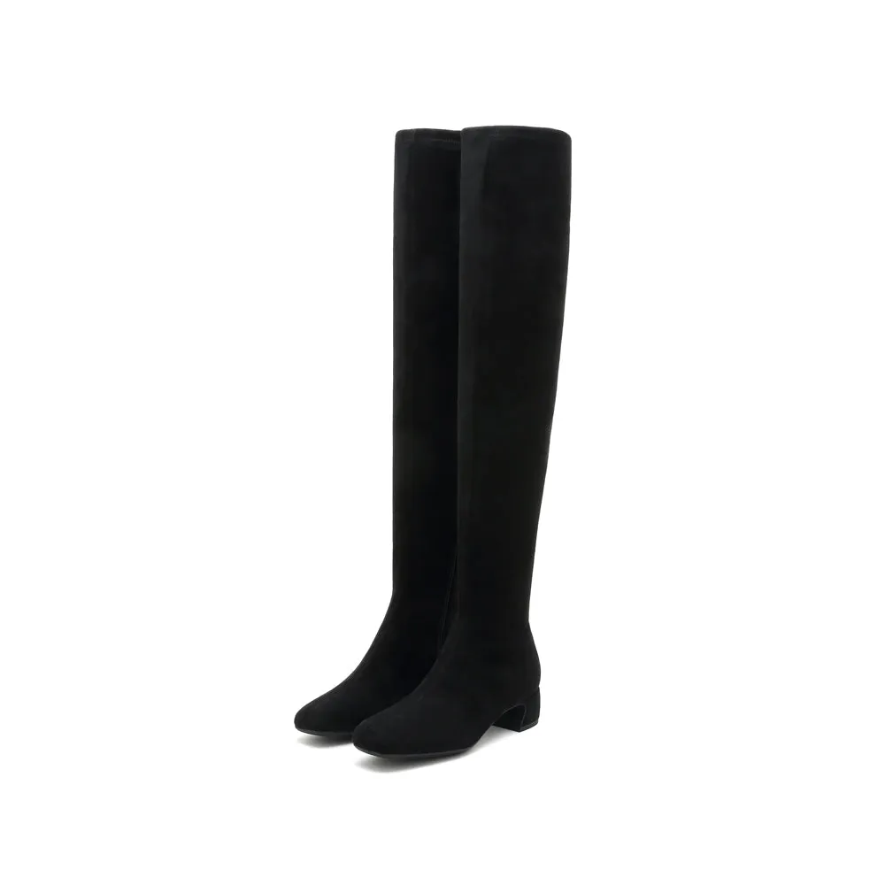 Black Square Toe Heeled Long Sock Boots