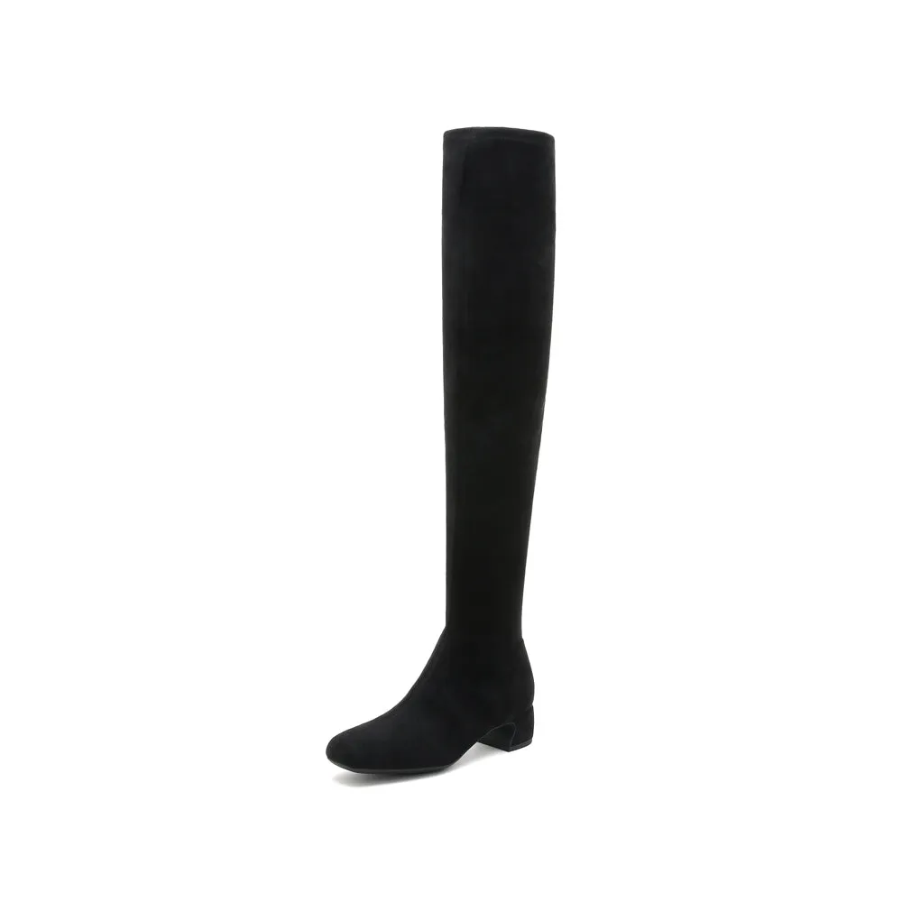 Black Square Toe Heeled Long Sock Boots