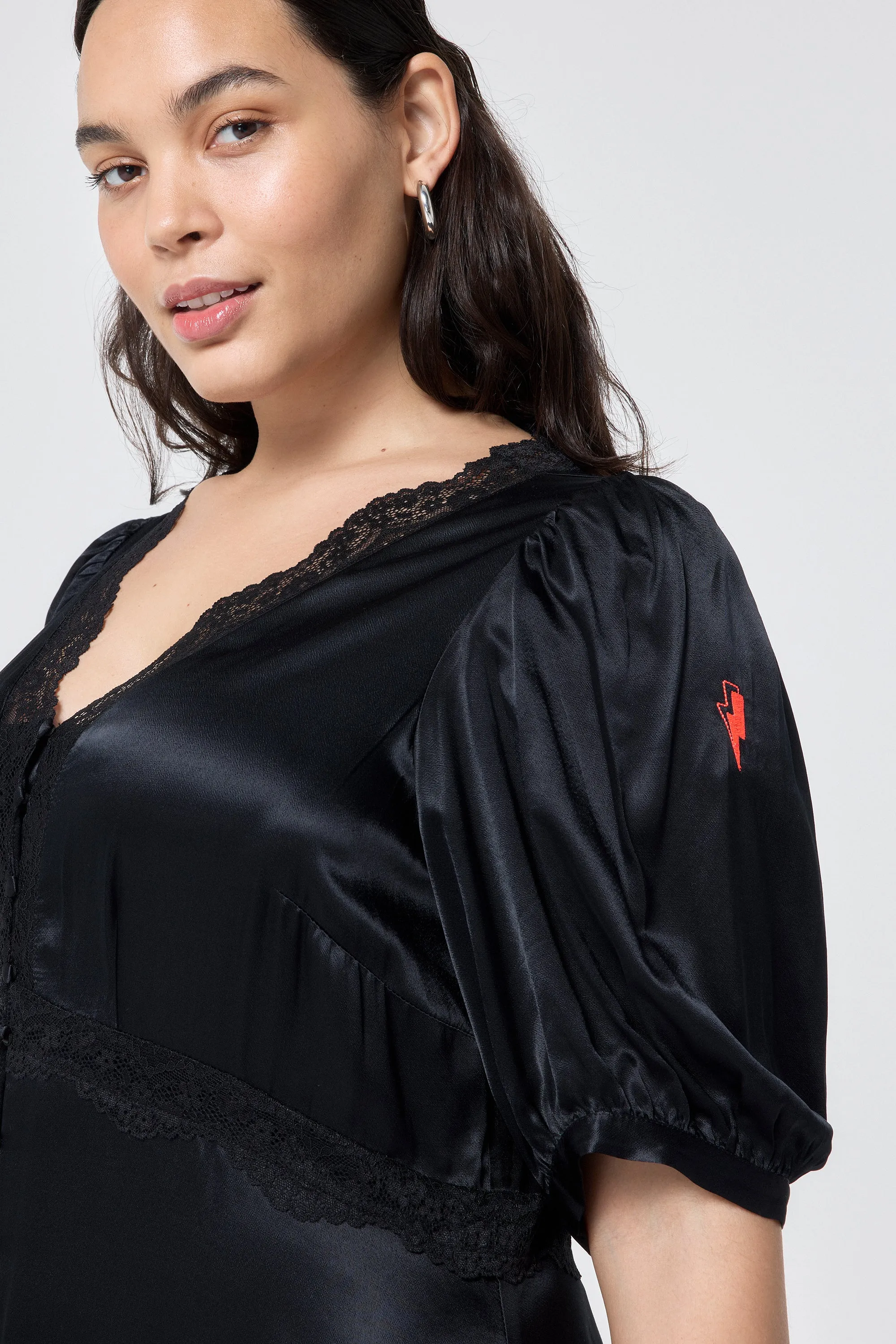 Black with Lace Trim Satin Puff Sleeve Midi Tea Dress