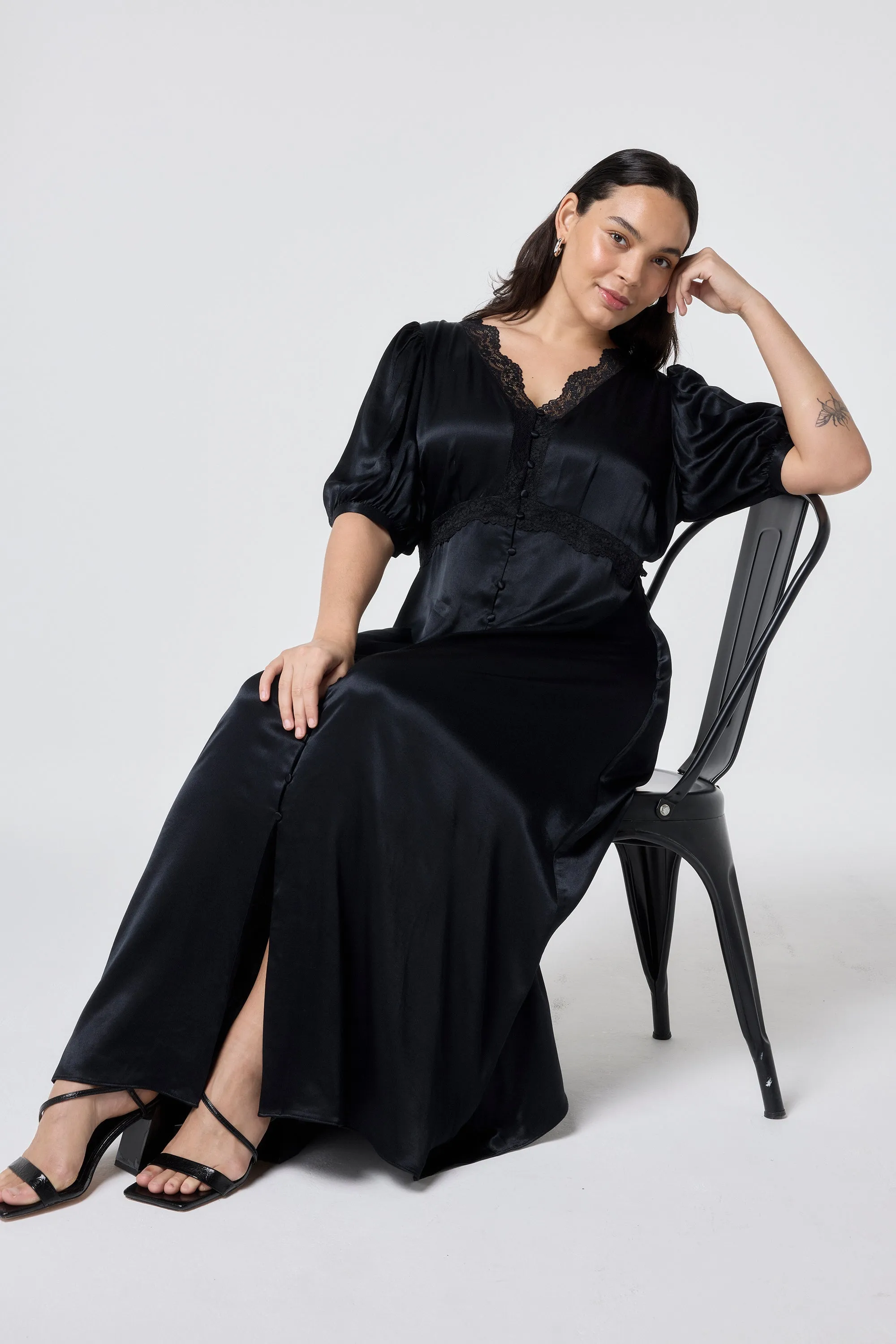 Black with Lace Trim Satin Puff Sleeve Midi Tea Dress