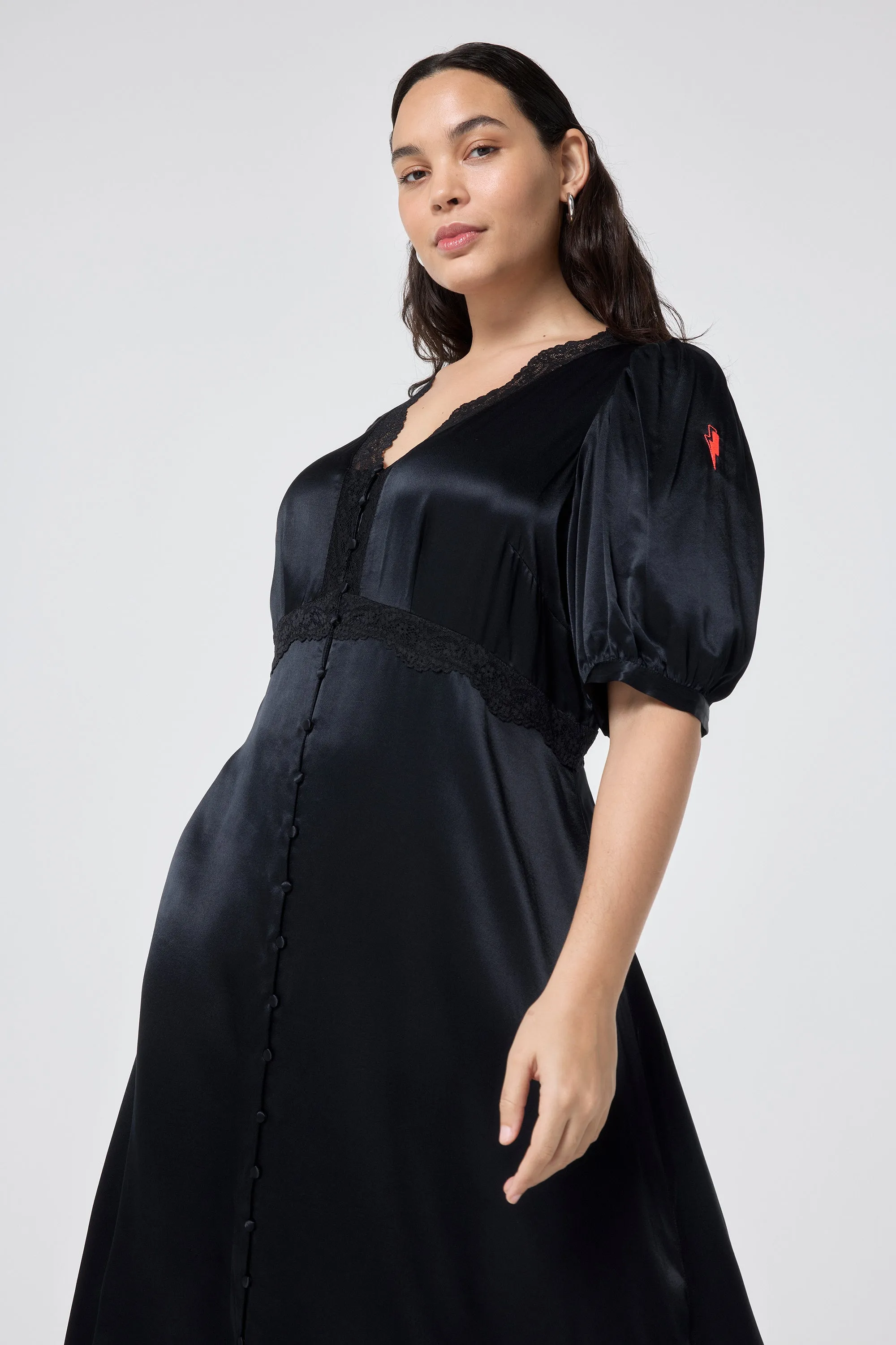 Black with Lace Trim Satin Puff Sleeve Midi Tea Dress