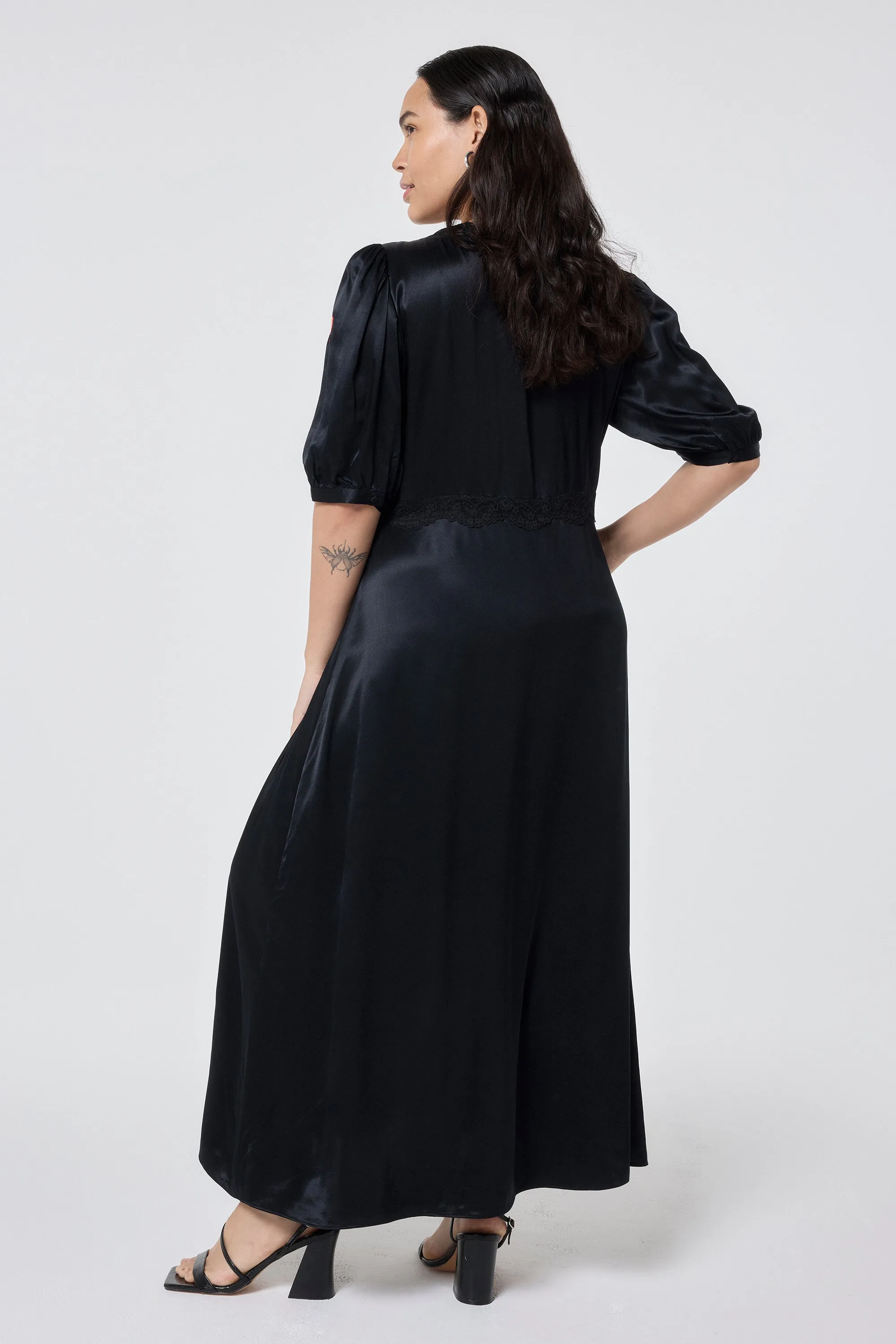 Black with Lace Trim Satin Puff Sleeve Midi Tea Dress