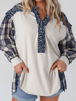 Blue Boho Floral Patchwork Bishop Sleeve Top