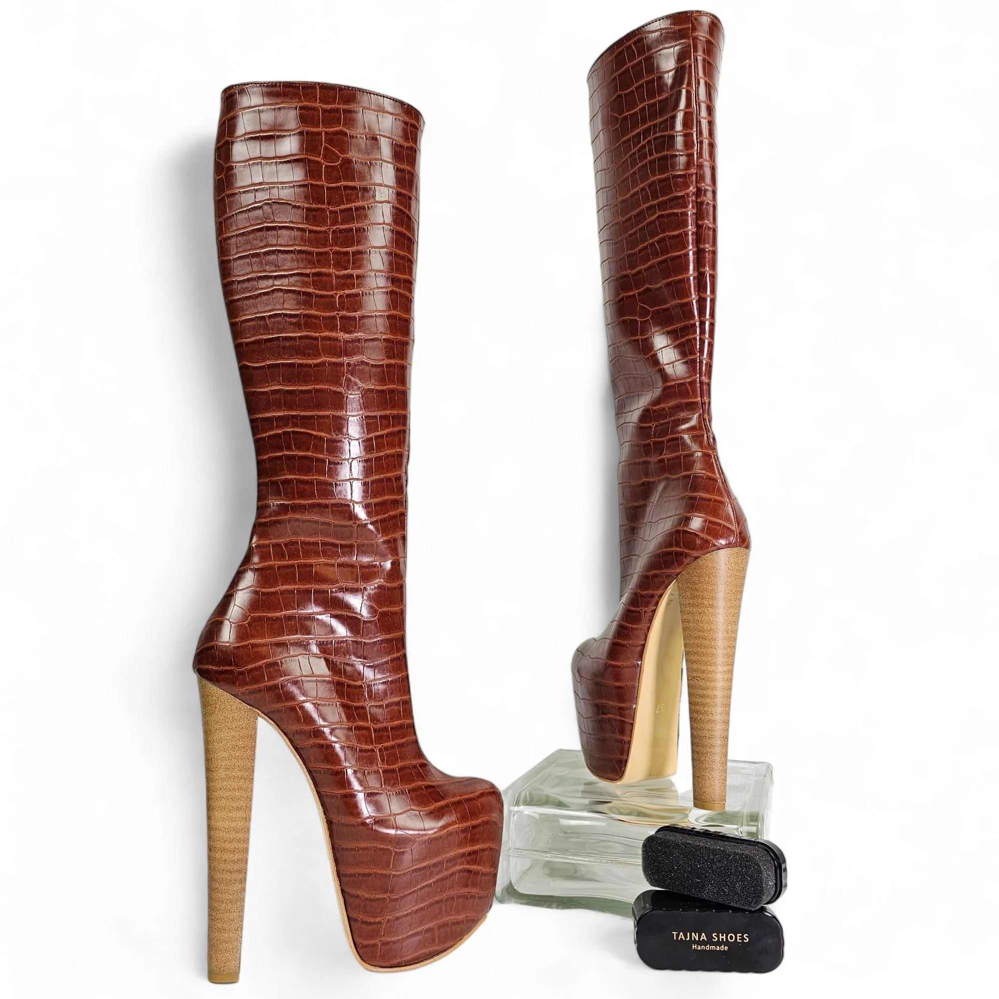 Brown Croco Print Long Under Knee High Heel Boots