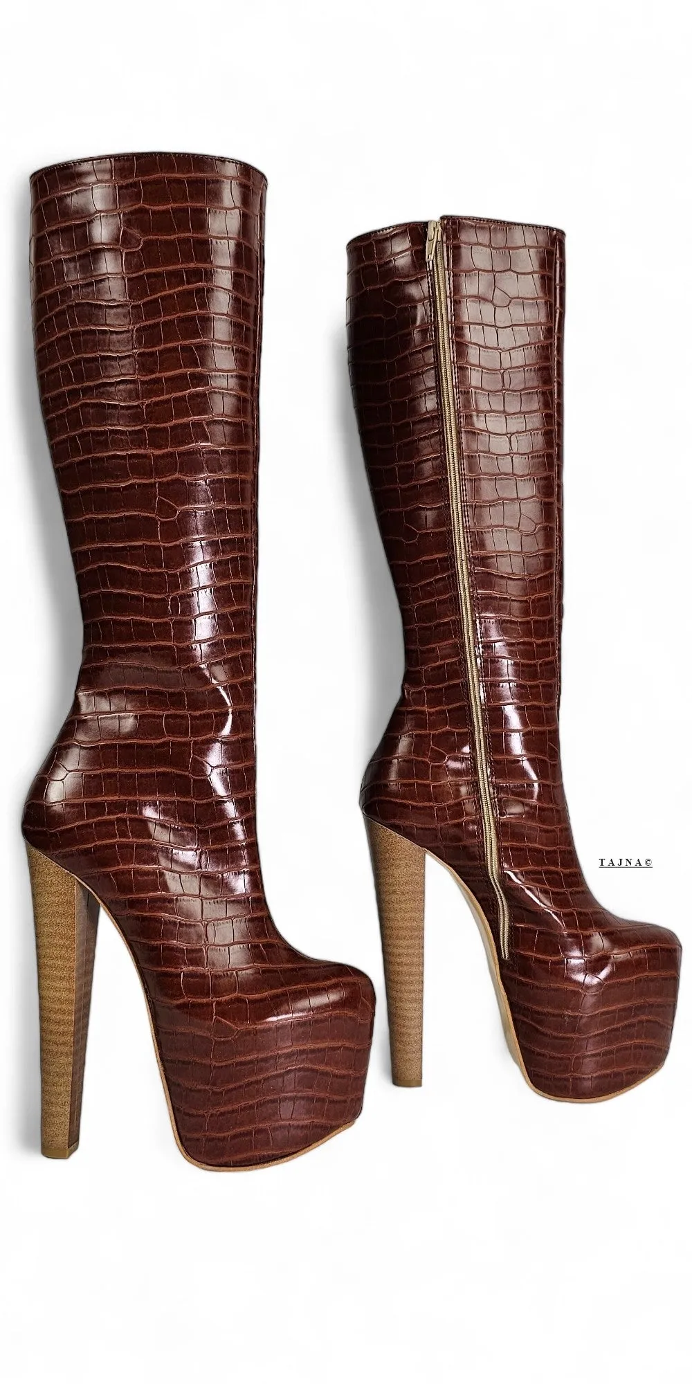 Brown Croco Print Long Under Knee High Heel Boots