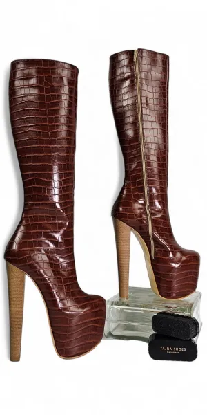 Brown Croco Print Long Under Knee High Heel Boots