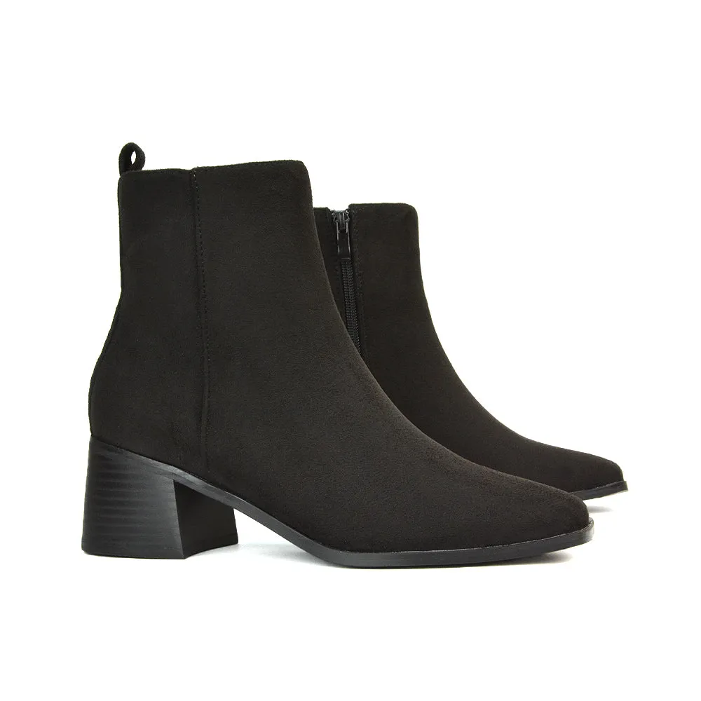Cece Low Block Heel Square Toe Chelsea Ankle Boots in Black Faux Suede