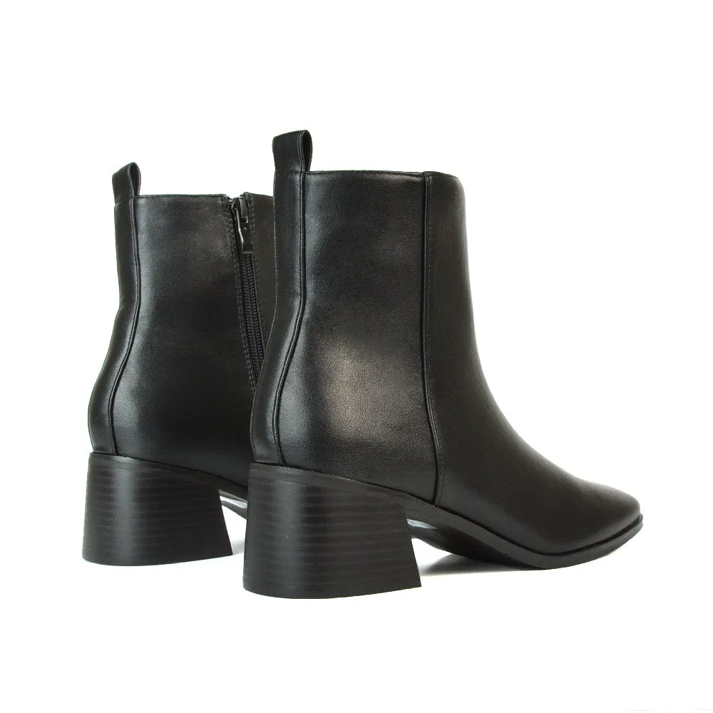 Cece Low Block Heel Square Toe Chelsea Ankle Boots in Black Faux Suede