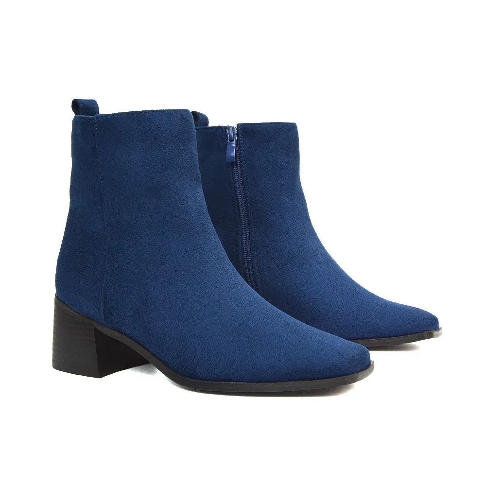 Cece Low Block Heel Square Toe Chelsea Ankle Boots in Black Faux Suede