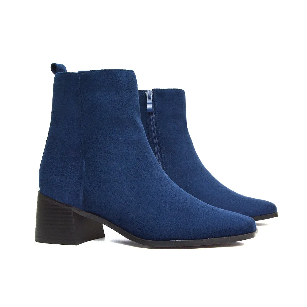 Cece Low Block Heel Square Toe Chelsea Ankle Boots in Black Faux Suede