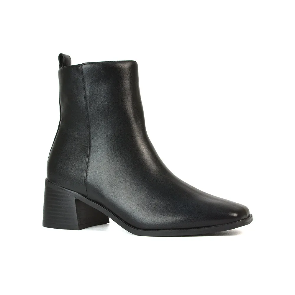 Cece Low Block Heel Square Toe Chelsea Ankle Boots in Black Faux Suede