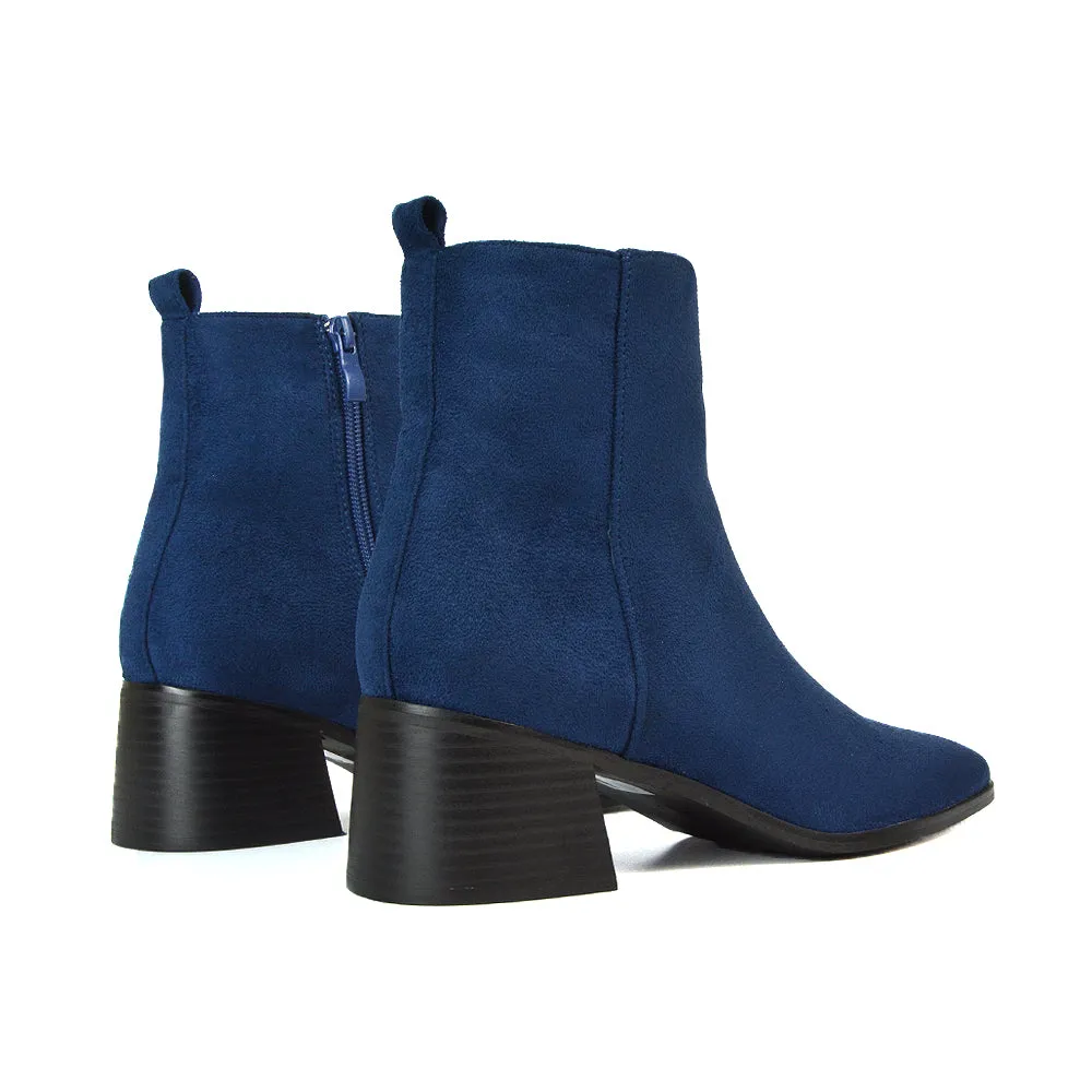Cece Low Block Heel Square Toe Chelsea Ankle Boots in Black Faux Suede