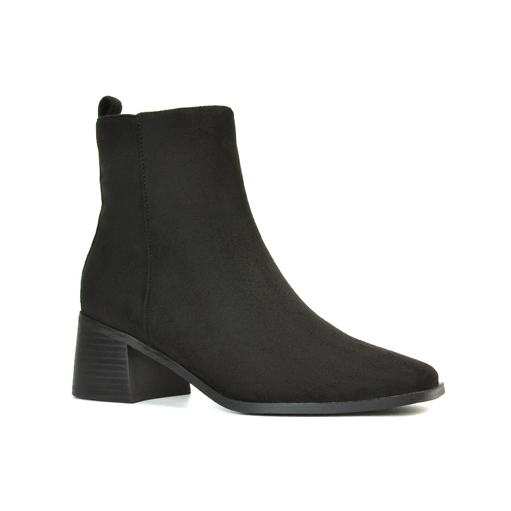 Cece Low Block Heel Square Toe Chelsea Ankle Boots in Black Faux Suede