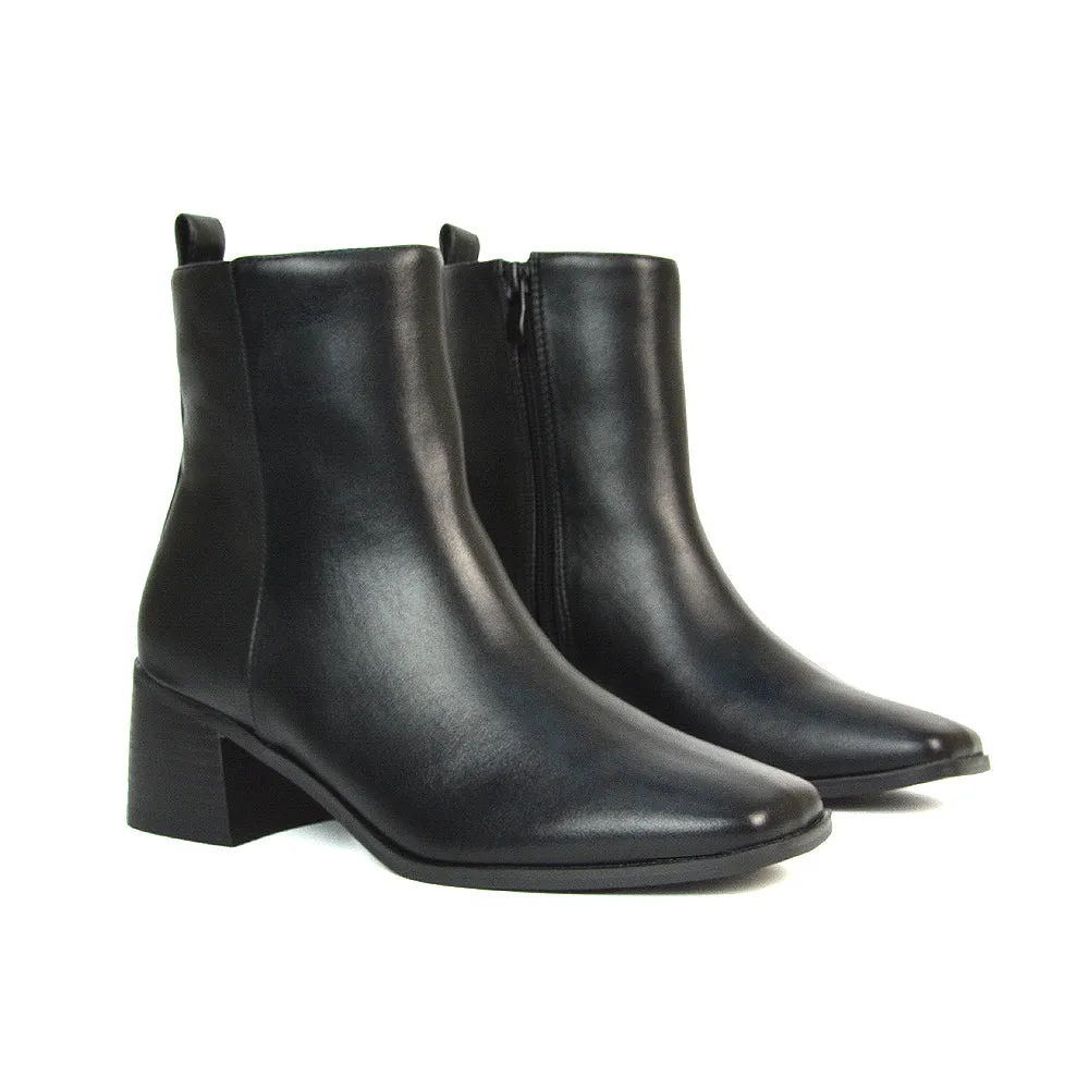 Cece Low Block Heel Square Toe Chelsea Ankle Boots in Black Faux Suede