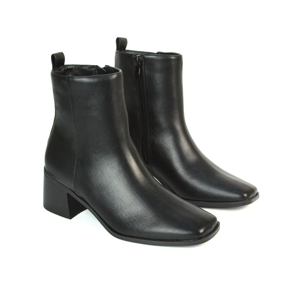 Cece Low Block Heel Square Toe Chelsea Ankle Boots in Black Faux Suede
