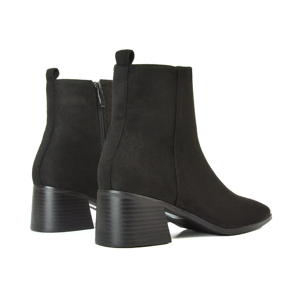 Cece Low Block Heel Square Toe Chelsea Ankle Boots in Black Faux Suede