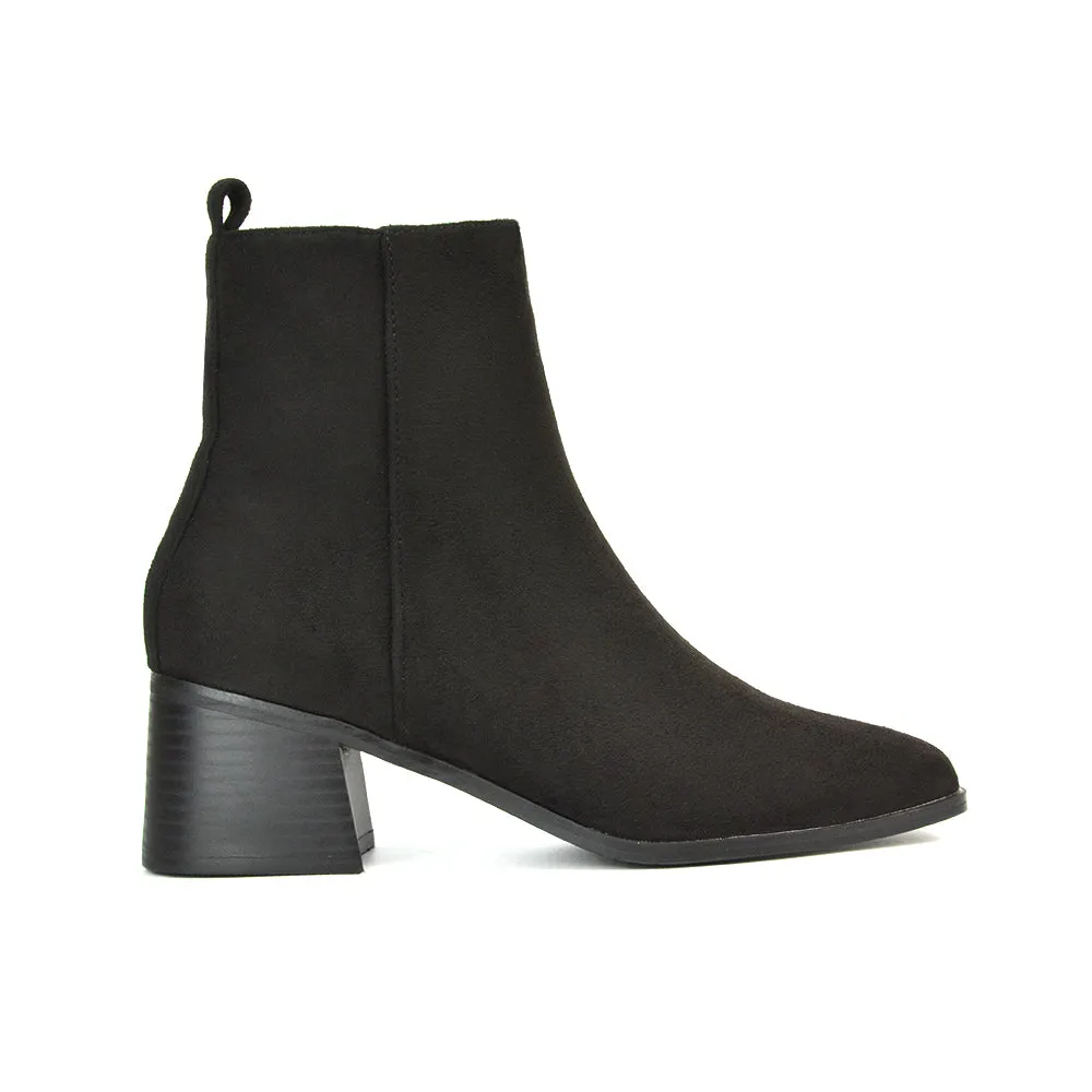 Cece Low Block Heel Square Toe Chelsea Ankle Boots in Black Faux Suede