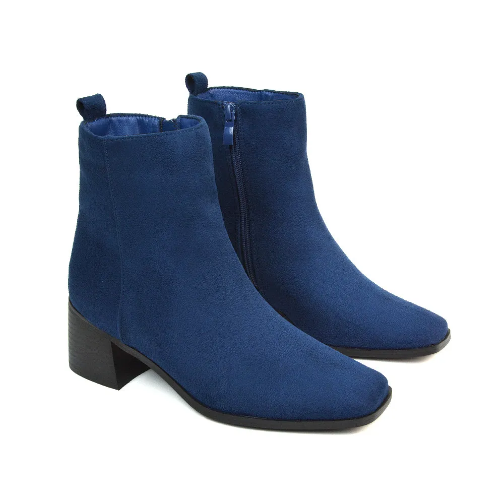 Cece Low Block Heel Square Toe Chelsea Ankle Boots in Black Faux Suede
