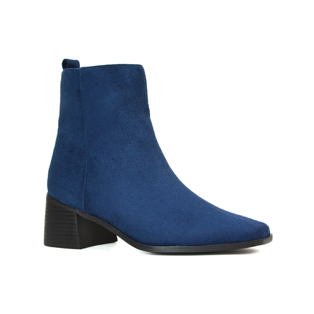 Cece Low Block Heel Square Toe Chelsea Ankle Boots in Black Faux Suede