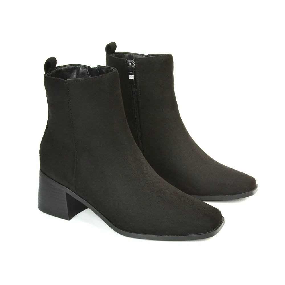 Cece Low Block Heel Square Toe Chelsea Ankle Boots in Black Faux Suede