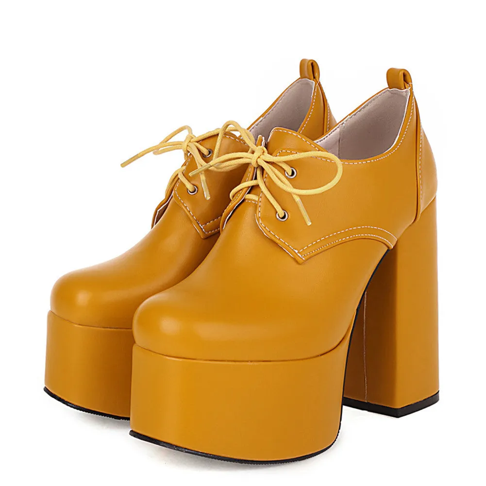Classic Lace-up Block Chunky High Heels Platform Pumps