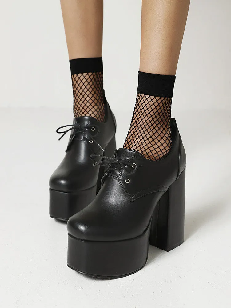 Classic Lace-up Block Chunky High Heels Platform Pumps