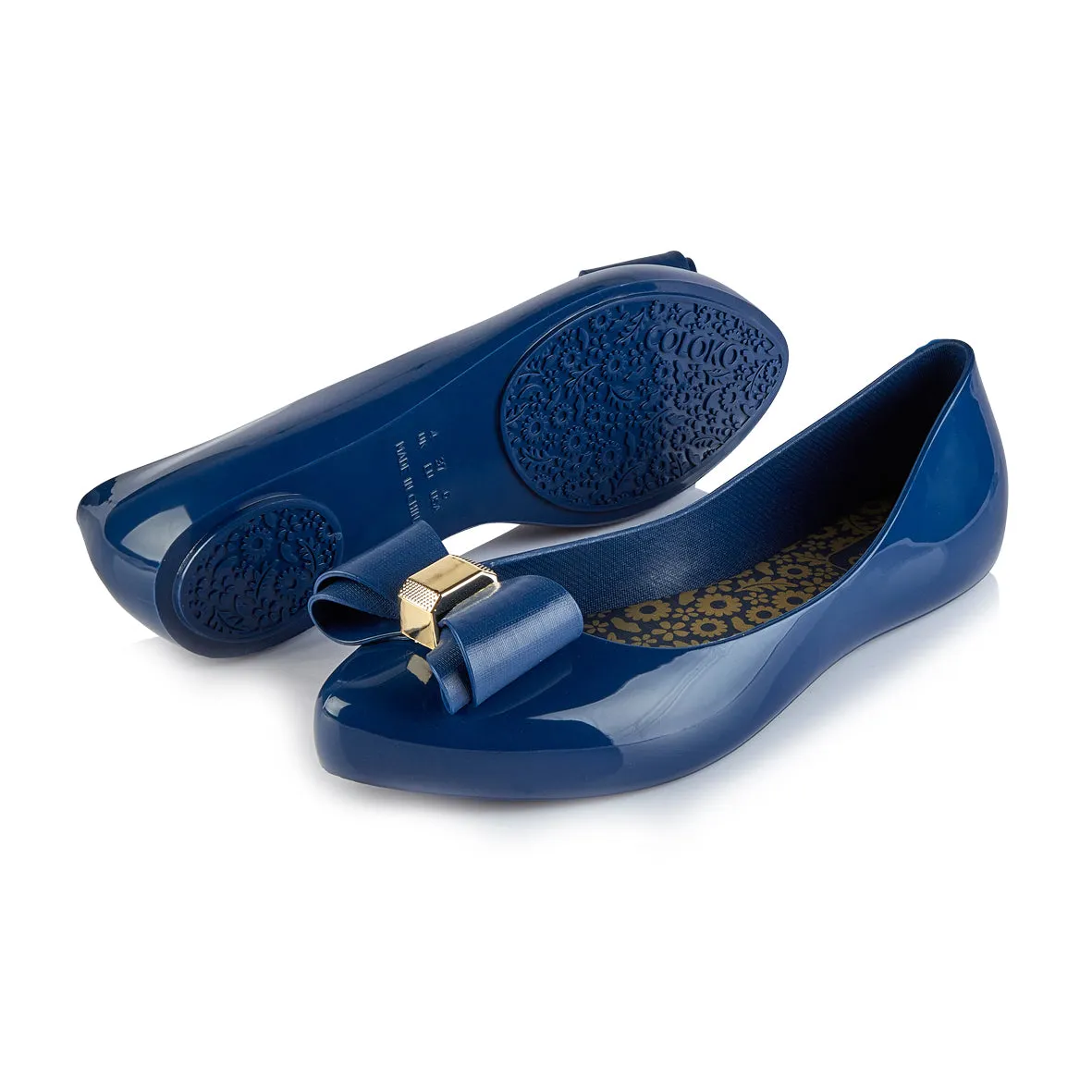 Coloko Moonflower Navy Blue Jelly Shoes Ballerina Pump With Gold Trim Bow