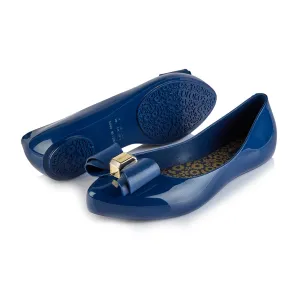 Coloko Moonflower Navy Blue Jelly Shoes Ballerina Pump With Gold Trim Bow