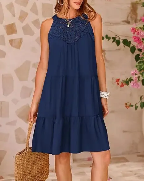 Crochet Lace Neckline Sleeveless Tent Mini Dress