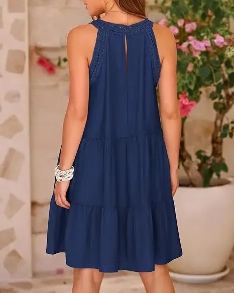 Crochet Lace Neckline Sleeveless Tent Mini Dress