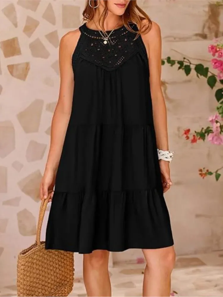 Crochet Lace Neckline Sleeveless Tent Mini Dress