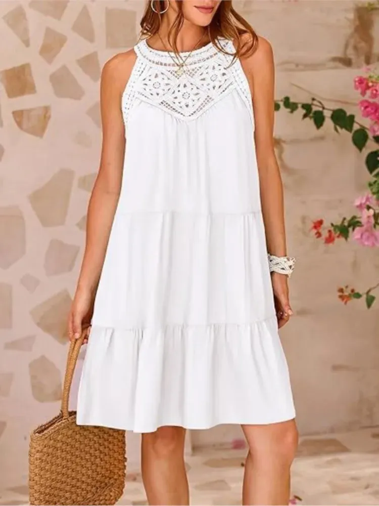 Crochet Lace Neckline Sleeveless Tent Mini Dress