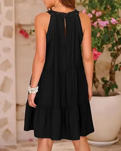 Crochet Lace Neckline Sleeveless Tent Mini Dress