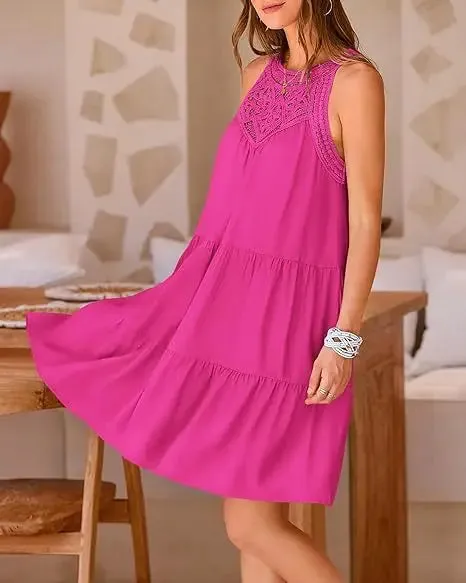 Crochet Lace Neckline Sleeveless Tent Mini Dress