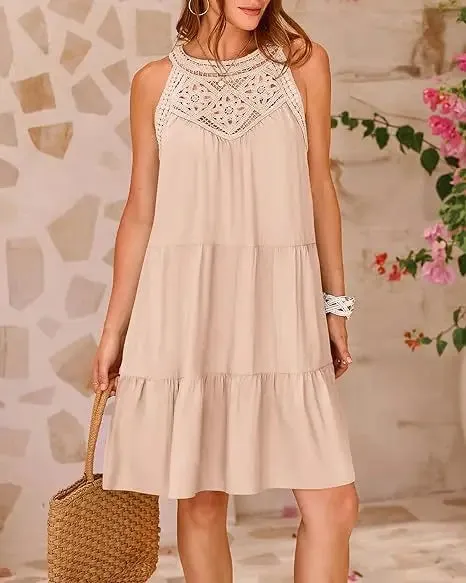 Crochet Lace Neckline Sleeveless Tent Mini Dress